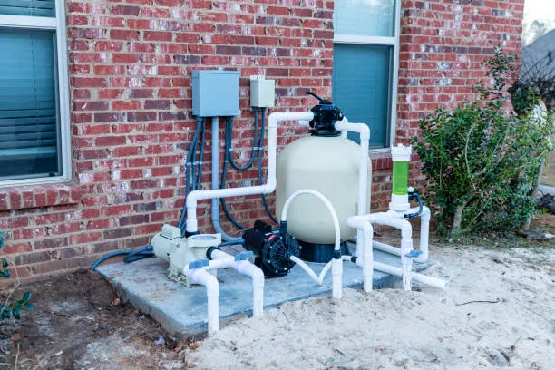 Pool filtration equipment and pressure gauge being inspected in West Palm Beach, FL.